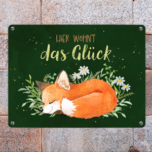 Fuchs Metallschild in 15x20 cm mit Spruch Hier wohnt das Glück