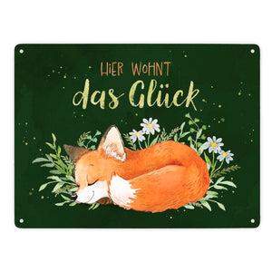 Fuchs Metallschild in 15x20 cm mit Spruch Hier wohnt das Glück