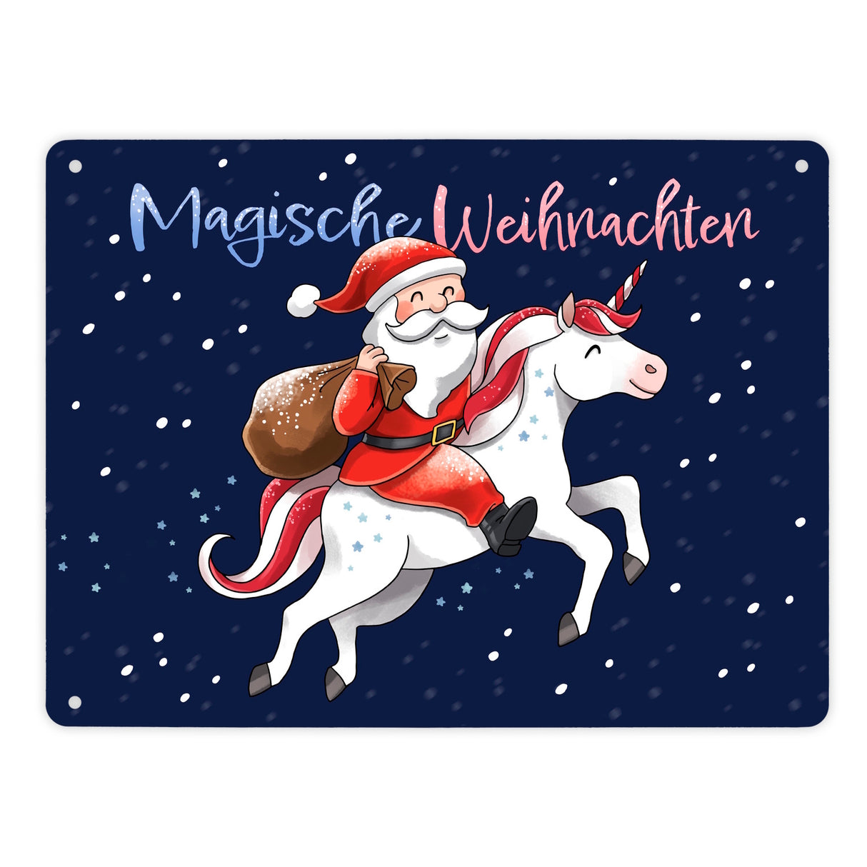 Weihnachtsmann auf Einhorn Metallschild in 15x20 cm mit Spruch Magische Weihnachten