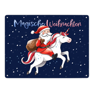 Weihnachtsmann auf Einhorn Metallschild in 15x20 cm mit Spruch Magische Weihnachten