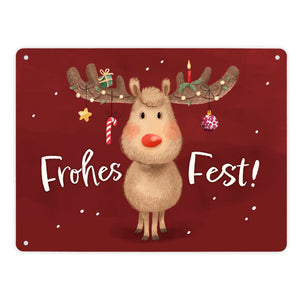 Rentier mit Weihnachtsschmuck Metallschild in 15x20 cm mit Spruch Frohes Fest
