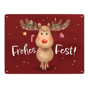 Rentier mit Weihnachtsschmuck Metallschild in 15x20 cm mit Spruch Frohes Fest