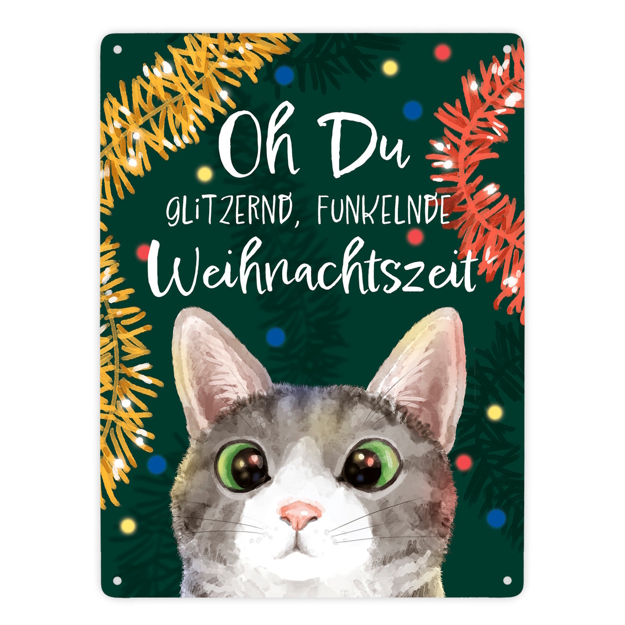 Oh Du glitzernd funkelnde Weihnachtszeit Katze Metallschild in 15x20 cm