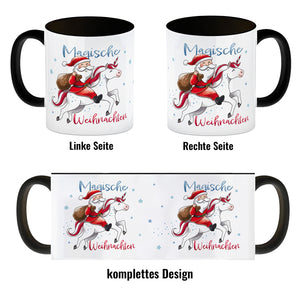 Weihnachtsmann auf Einhorn Kaffeebecher mit Spruch Magische Weihnachten