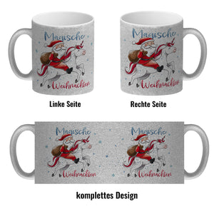 Weihnachtsmann auf Einhorn Kaffeebecher mit Spruch Magische Weihnachten