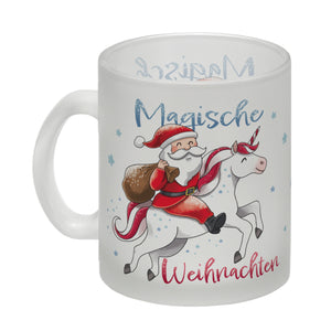 Weihnachtsmann auf Einhorn Kaffeebecher mit Spruch Magische Weihnachten