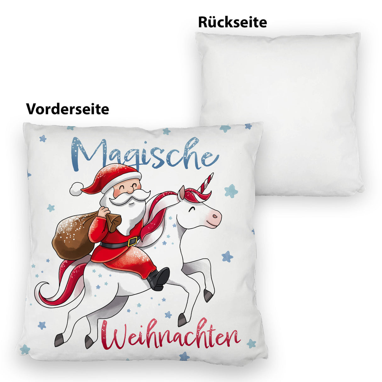Weihnachtsmann auf Einhorn Kissen mit Spruch Magische Weihnachten