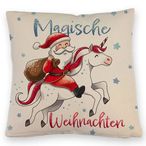 Weihnachtsmann auf Einhorn Kissen mit Spruch Magische Weihnachten