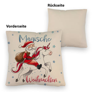 Weihnachtsmann auf Einhorn Kissen mit Spruch Magische Weihnachten