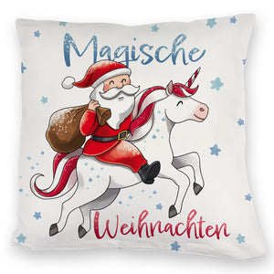 Weihnachtsmann auf Einhorn Kissen mit Spruch Magische Weihnachten