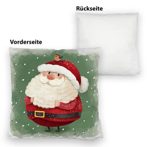 Weihnachtsmann und Rotkehlchen Kissen mit grünem Hintergrund