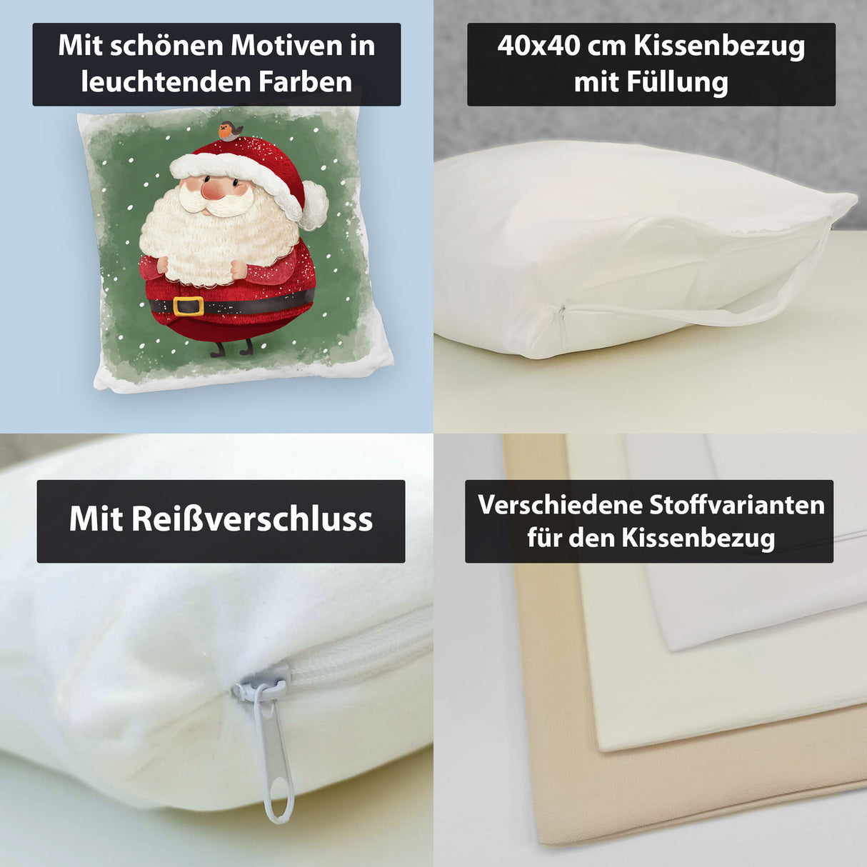 Weihnachtsmann und Rotkehlchen Kissen mit grünem Hintergrund