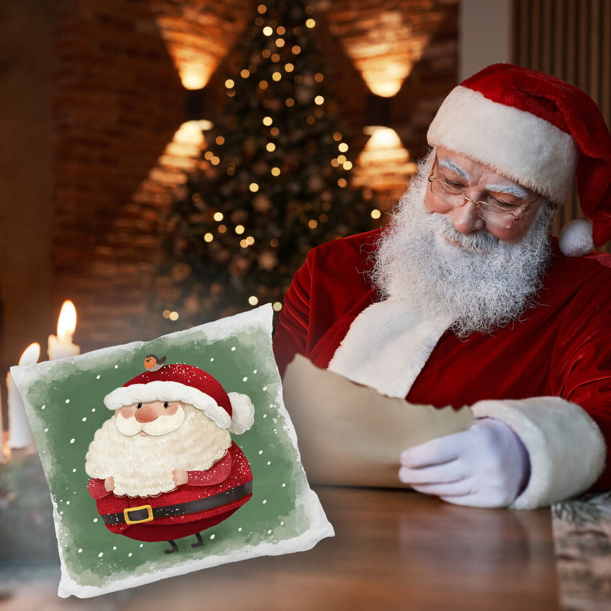 Weihnachtsmann und Rotkehlchen Kissen mit grünem Hintergrund