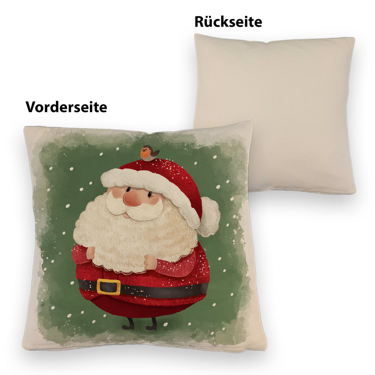 Weihnachtsmann und Rotkehlchen Kissen mit grünem Hintergrund