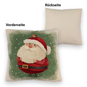 Weihnachtsmann und Rotkehlchen Kissen mit grünem Hintergrund