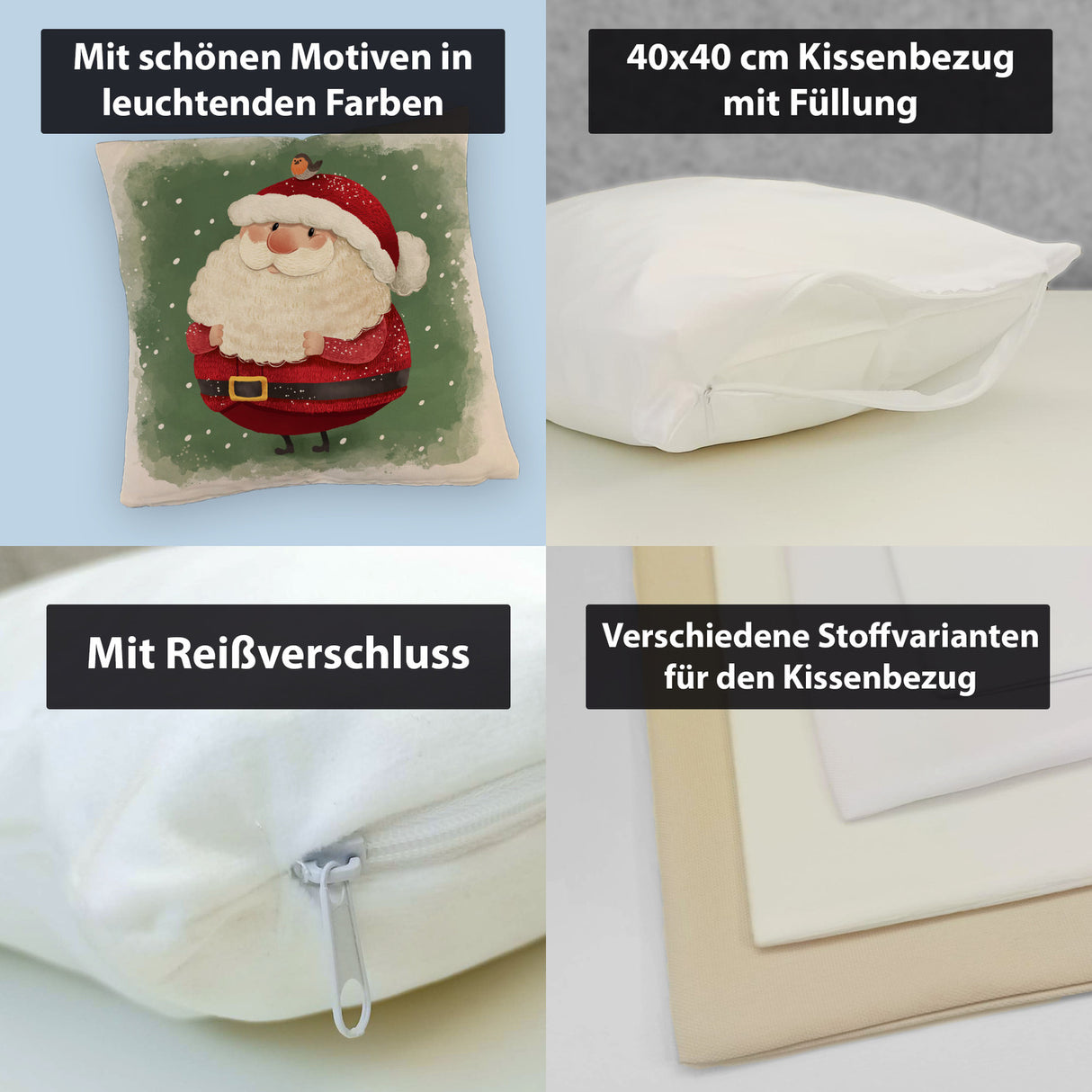 Weihnachtsmann und Rotkehlchen Kissen mit grünem Hintergrund