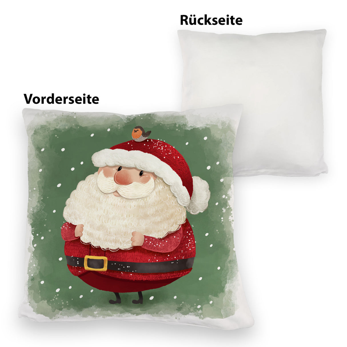 Weihnachtsmann und Rotkehlchen Kissen mit grünem Hintergrund