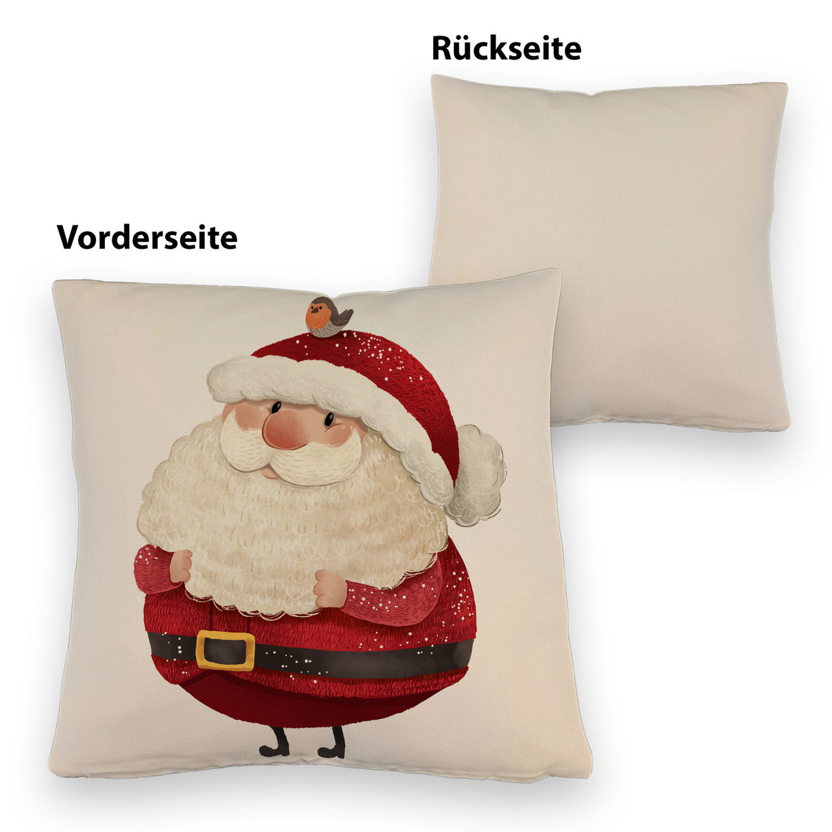 Weihnachtsmann und Rotkehlchen Kissen mit grünem Hintergrund