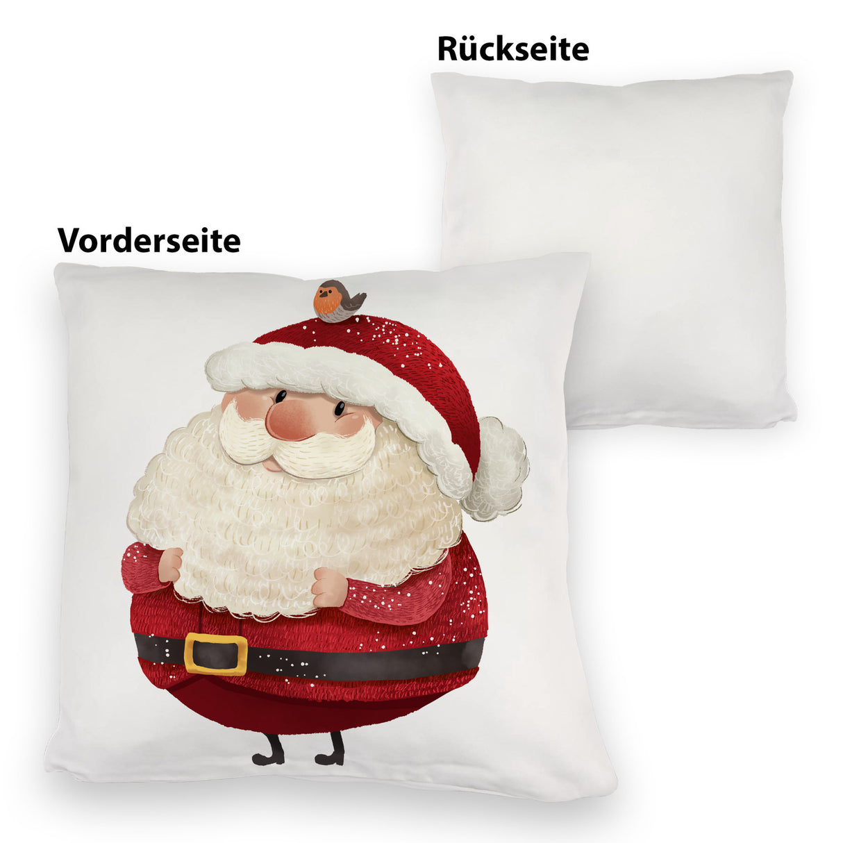Weihnachtsmann und Rotkehlchen Kissen mit grünem Hintergrund