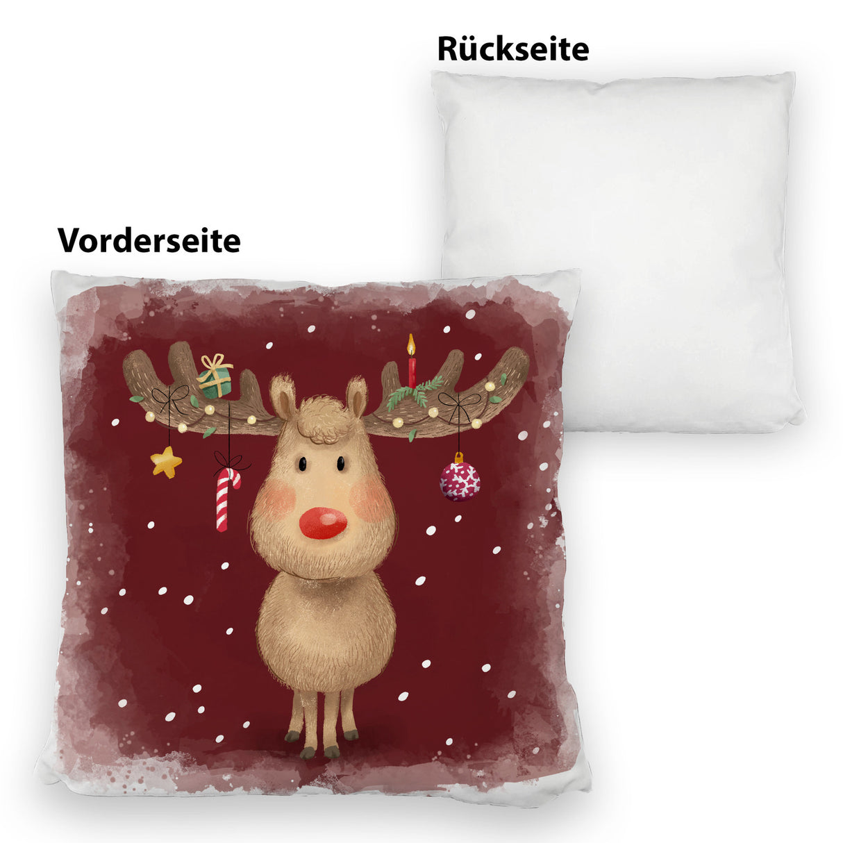 Rentier mit Weihnachtsschmuck Kissen mit rotem Hintergrund