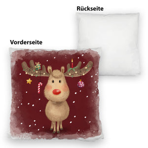 Rentier mit Weihnachtsschmuck Kissen mit rotem Hintergrund