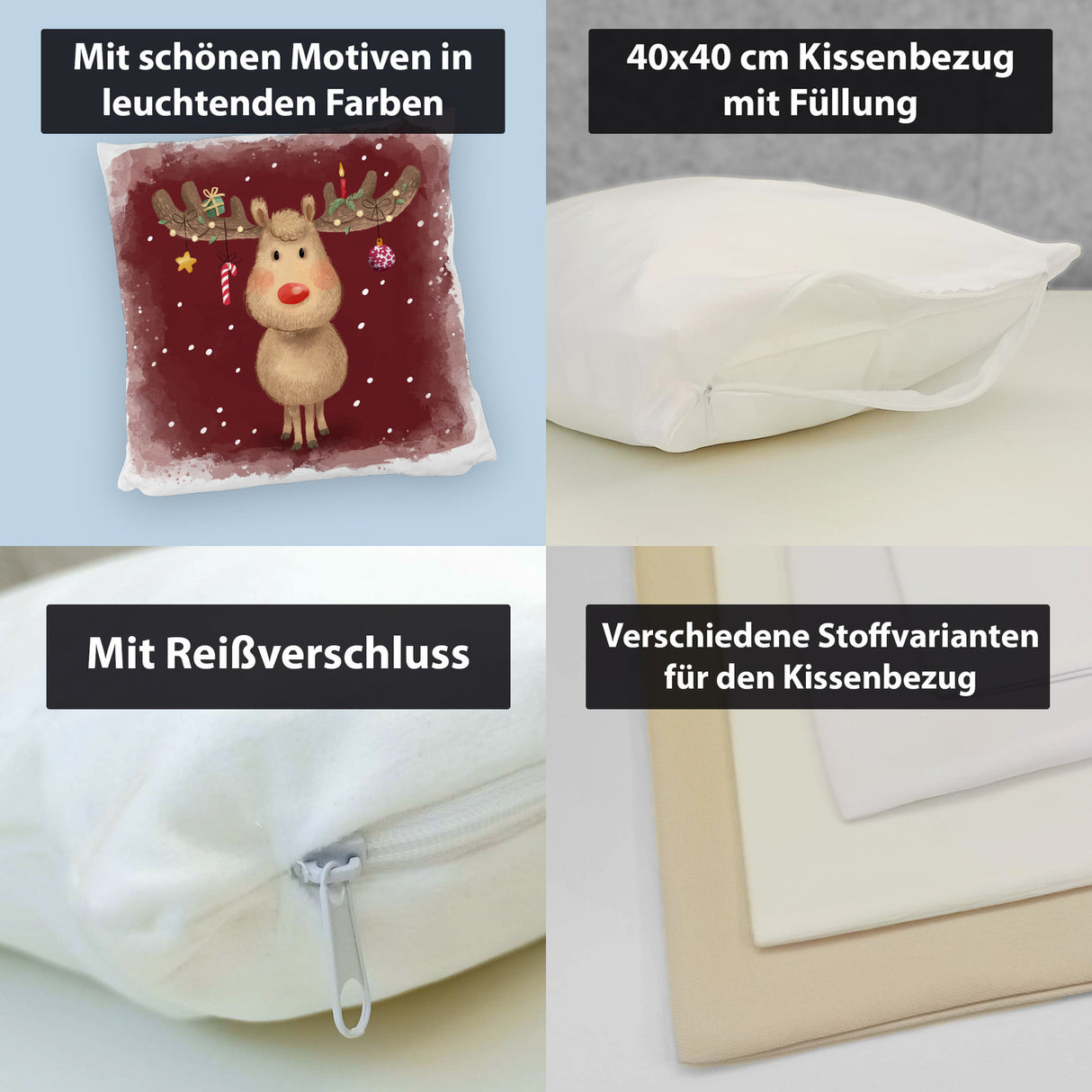 Rentier mit Weihnachtsschmuck Kissen mit rotem Hintergrund
