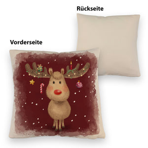 Rentier mit Weihnachtsschmuck Kissen mit rotem Hintergrund
