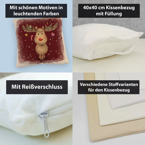 Rentier mit Weihnachtsschmuck Kissen mit rotem Hintergrund