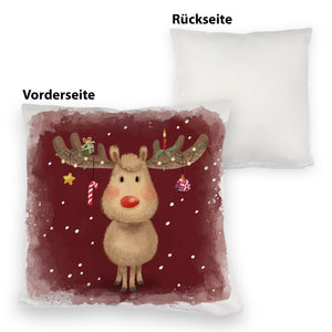 Rentier mit Weihnachtsschmuck Kissen mit rotem Hintergrund