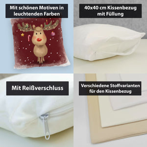 Rentier mit Weihnachtsschmuck Kissen mit rotem Hintergrund