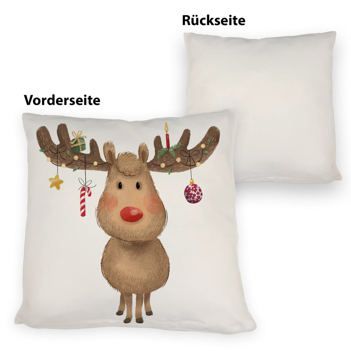 Rentier mit Weihnachtsschmuck Kissen mit rotem Hintergrund