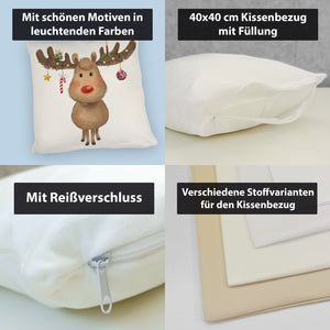 Rentier mit Weihnachtsschmuck Kissen mit rotem Hintergrund