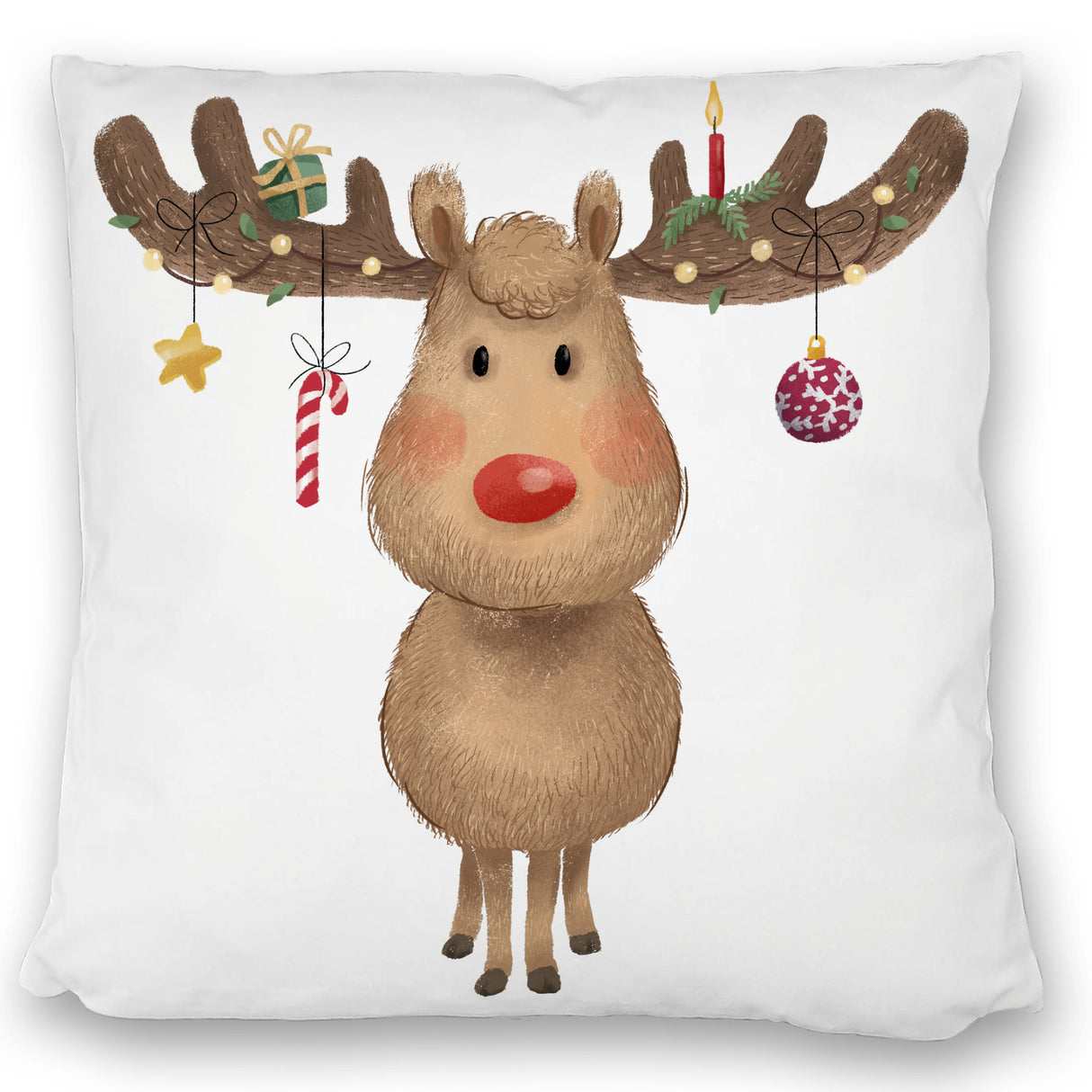 Rentier mit Weihnachtsschmuck Kissen mit rotem Hintergrund