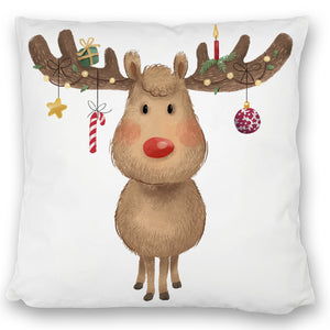 Rentier mit Weihnachtsschmuck Kissen mit rotem Hintergrund
