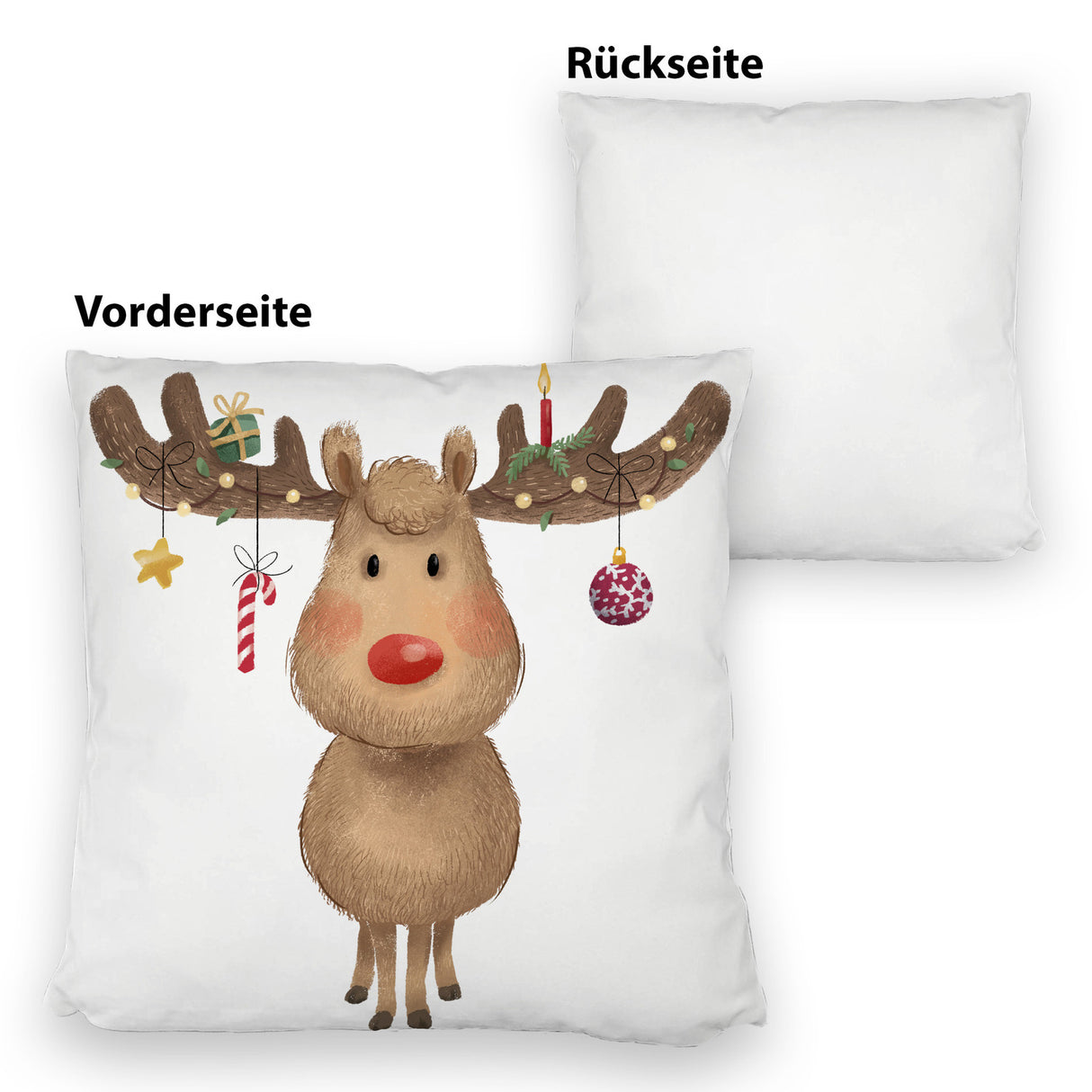 Rentier mit Weihnachtsschmuck Kissen mit rotem Hintergrund