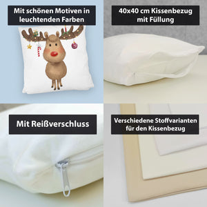 Rentier mit Weihnachtsschmuck Kissen mit rotem Hintergrund