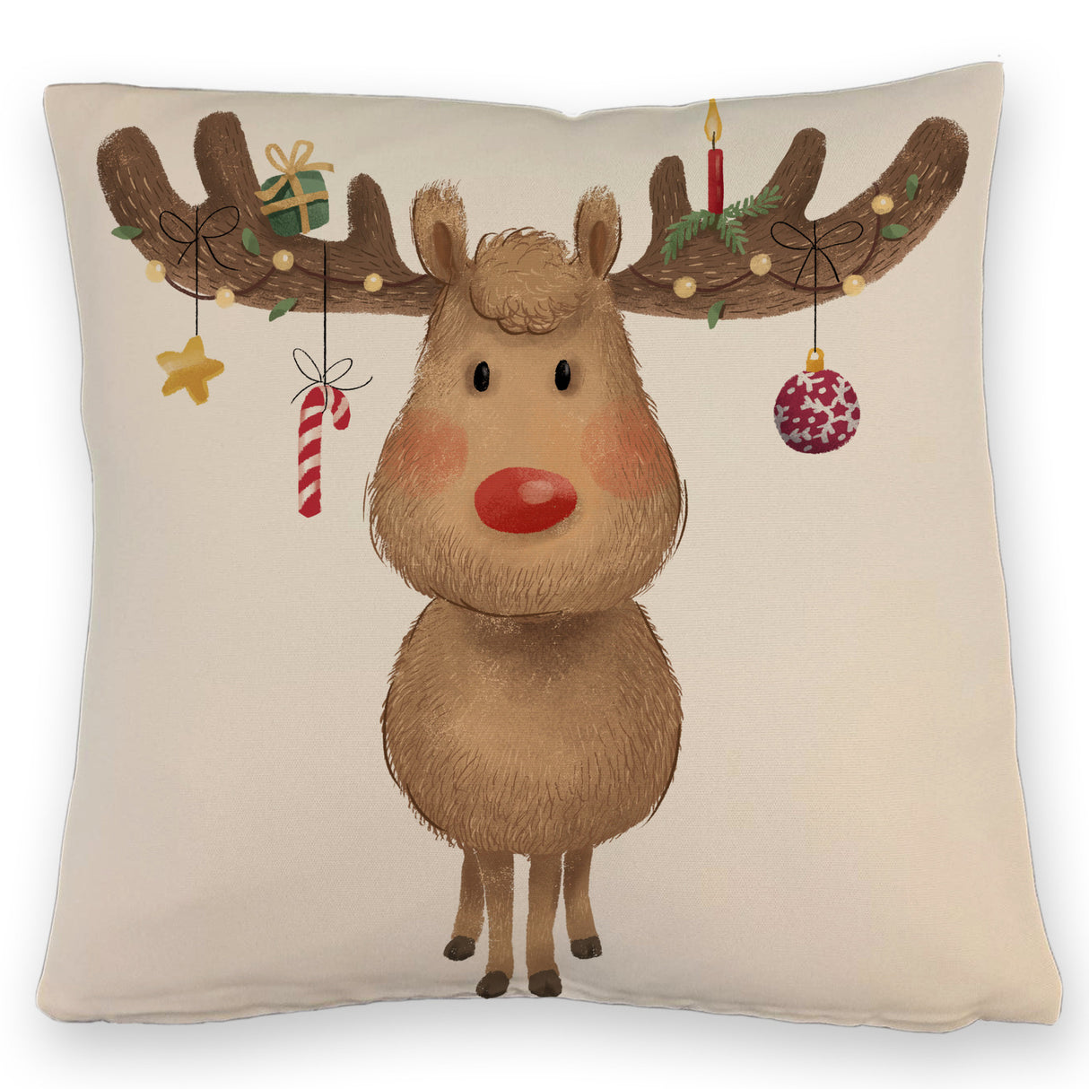 Rentier mit Weihnachtsschmuck Kissen mit rotem Hintergrund