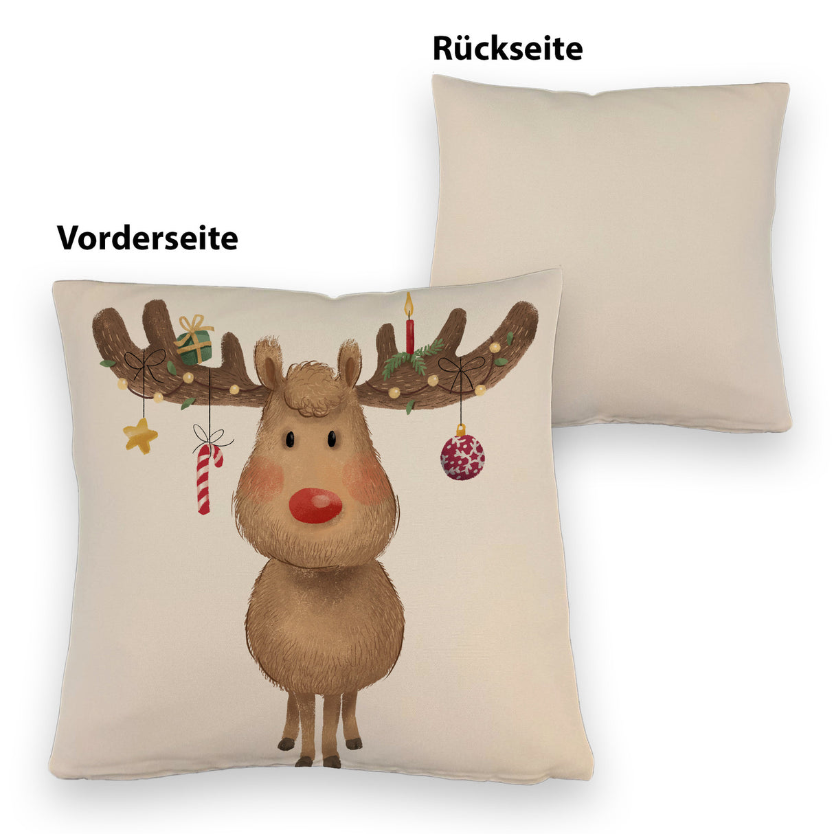 Rentier mit Weihnachtsschmuck Kissen mit rotem Hintergrund