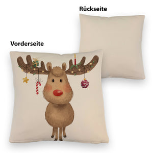 Rentier mit Weihnachtsschmuck Kissen mit rotem Hintergrund
