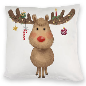 Rentier mit Weihnachtsschmuck Kissen mit rotem Hintergrund