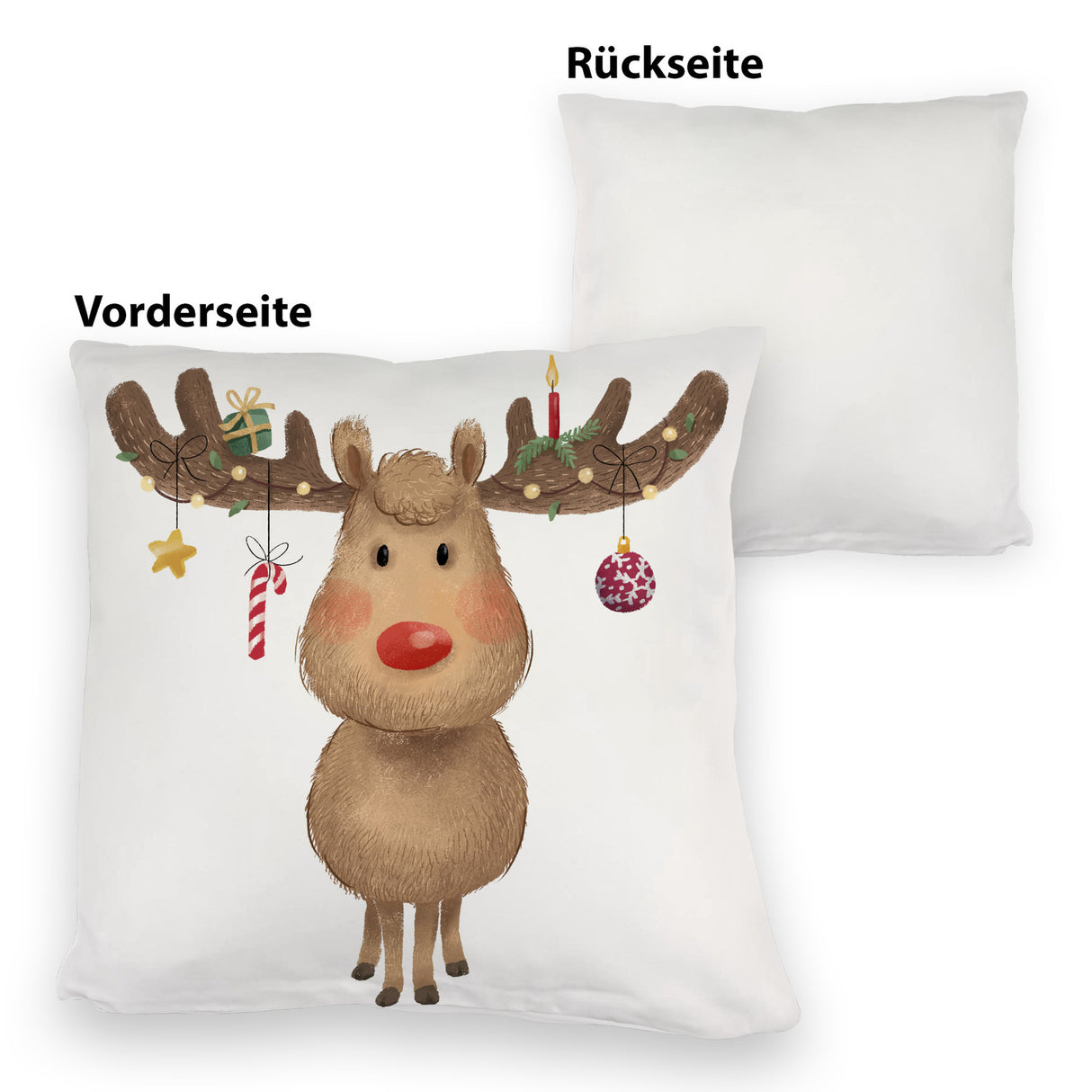 Rentier mit Weihnachtsschmuck Kissen mit rotem Hintergrund