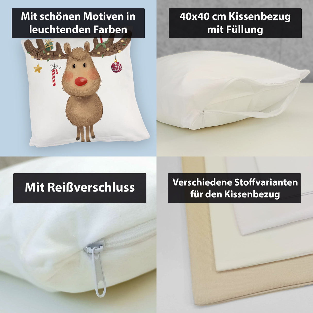 Rentier mit Weihnachtsschmuck Kissen mit rotem Hintergrund