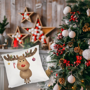 Rentier mit Weihnachtsschmuck Kissen mit rotem Hintergrund