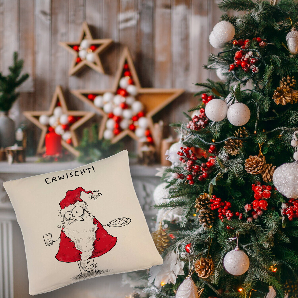 Weihnachtsmann am Naschen Kissen mit Spruch Erwischt
