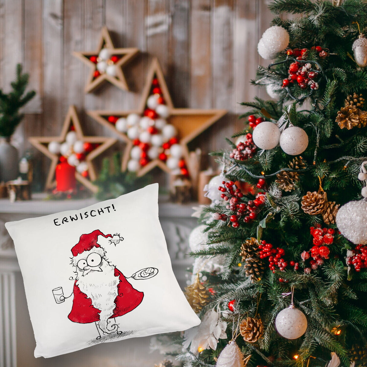 Weihnachtsmann am Naschen Kissen mit Spruch Erwischt