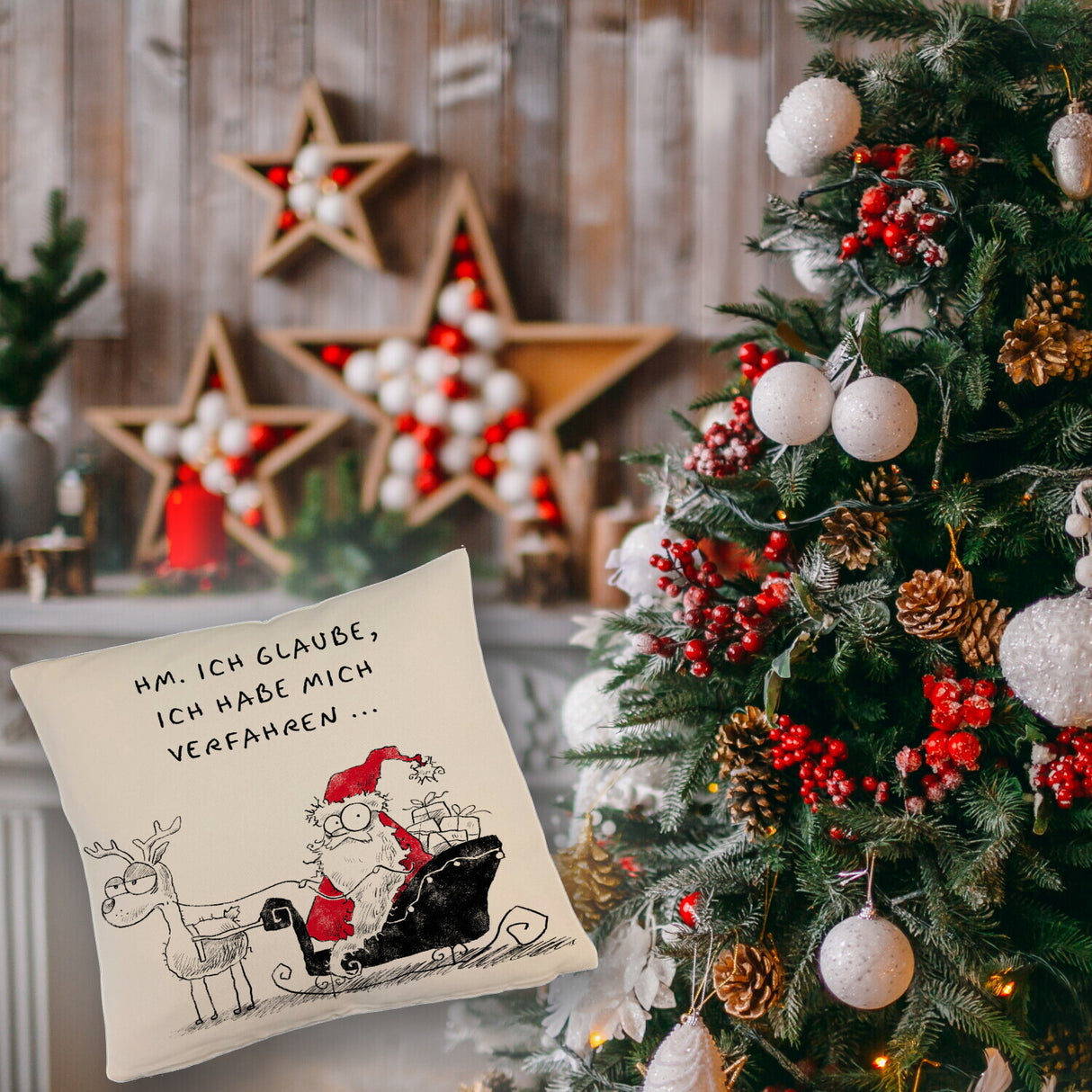 Weihnachtsmann am Naschen Kissen mit Spruch Erwischt