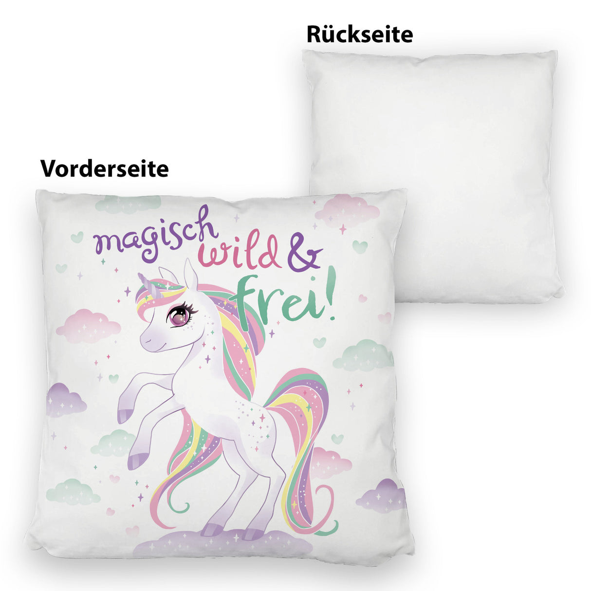 Einhorn Kissen mit Spruch Magisch wild und frei