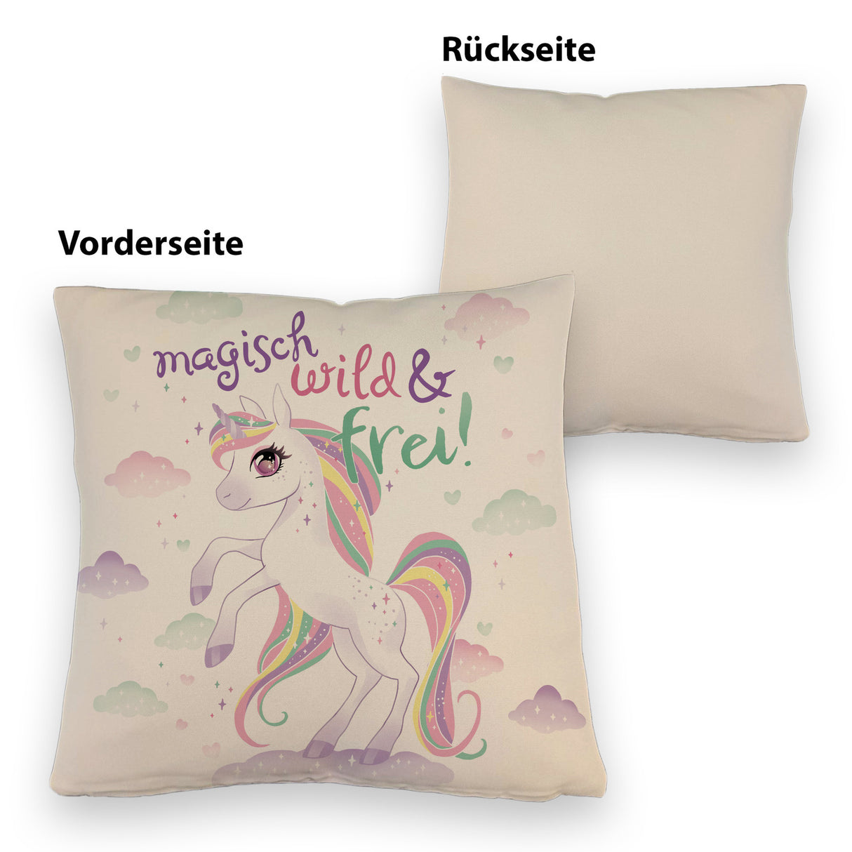 Einhorn Kissen mit Spruch Magisch wild und frei