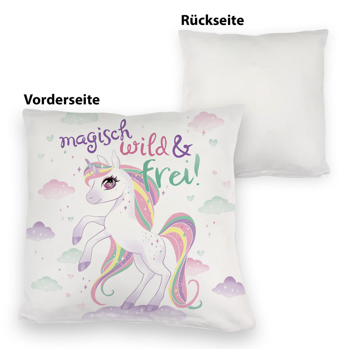 Einhorn Kissen mit Spruch Magisch wild und frei