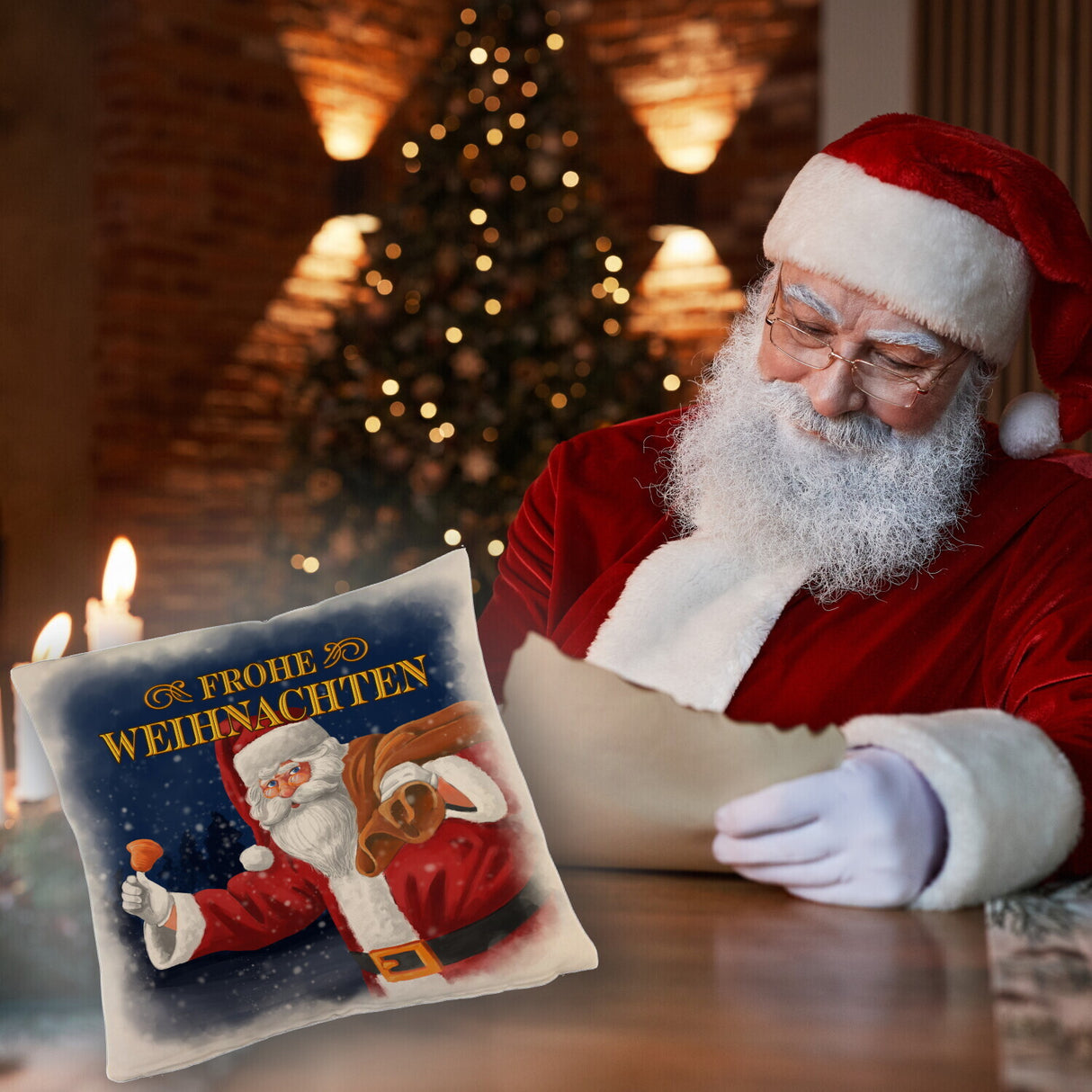 Traditioneller Weihnachtsmann Kissen mit Spruch Frohe Weihnachten